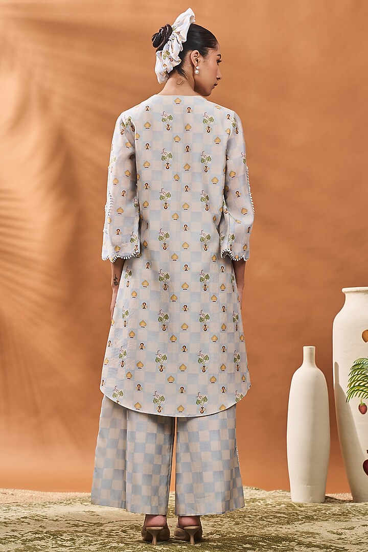 Powder Blue Chanderi Checkered Hand Embroidered A-Line Tunic Set by Masaba at Pernia's Pop Up Shop
