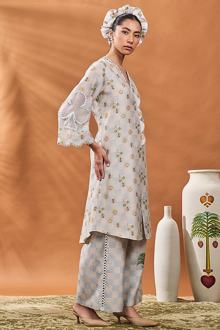 Powder Blue Chanderi Checkered Hand Embroidered A-Line Tunic Set by Masaba at Pernia's Pop Up Shop