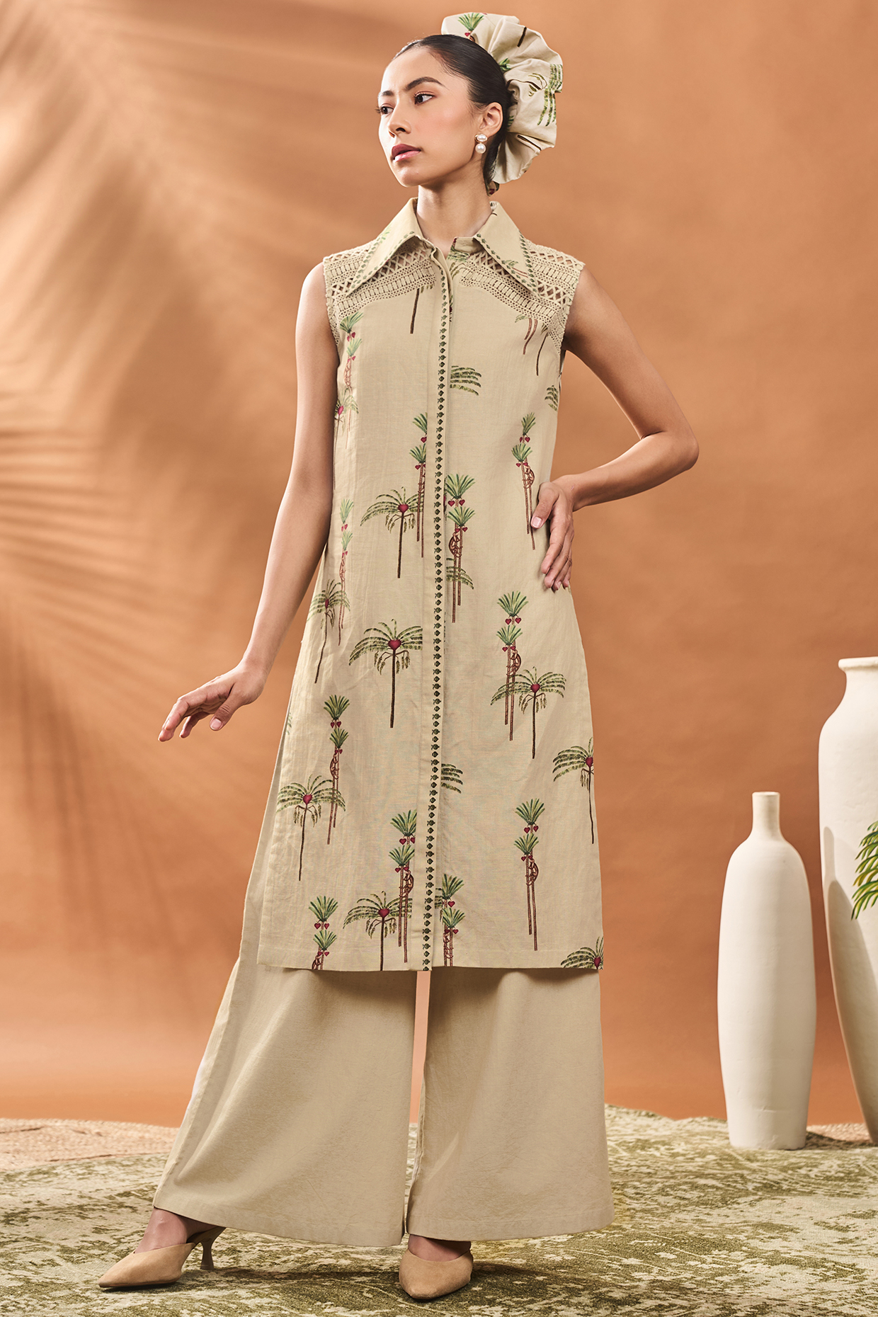 Sage Green Linen Printed & Hand Embroidered A-Line Tunic Set by Masaba at Pernia's Pop Up Shop