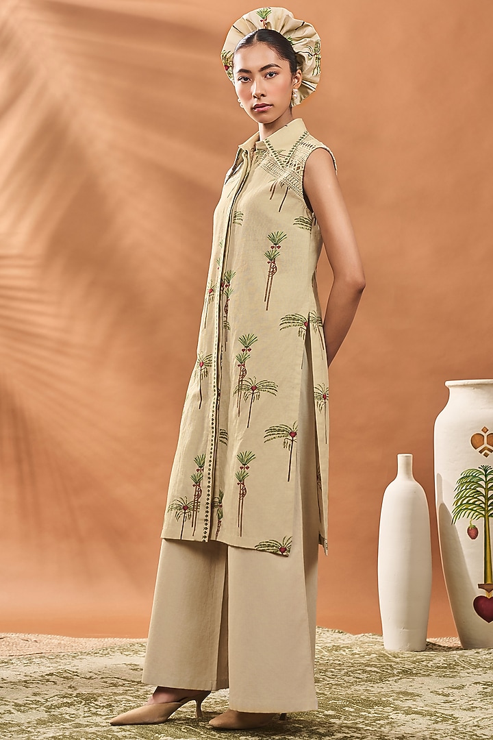 Sage Green Linen Printed & Hand Embroidered A-Line Tunic Set by Masaba at Pernia's Pop Up Shop