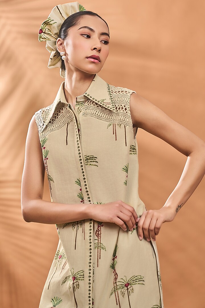 Sage Green Linen Printed & Hand Embroidered A-Line Tunic Set by Masaba at Pernia's Pop Up Shop