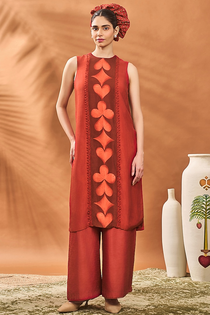 Red Raw Silk Printed & Hand Embroidered Straight Tunic Set by Masaba at Pernia's Pop Up Shop