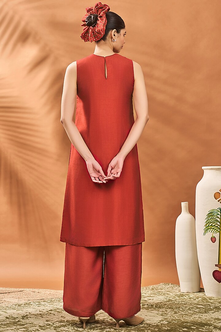 Red Raw Silk Printed & Hand Embroidered Straight Tunic Set by Masaba at Pernia's Pop Up Shop
