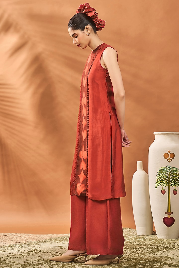 Red Raw Silk Printed & Hand Embroidered Straight Tunic Set by Masaba at Pernia's Pop Up Shop