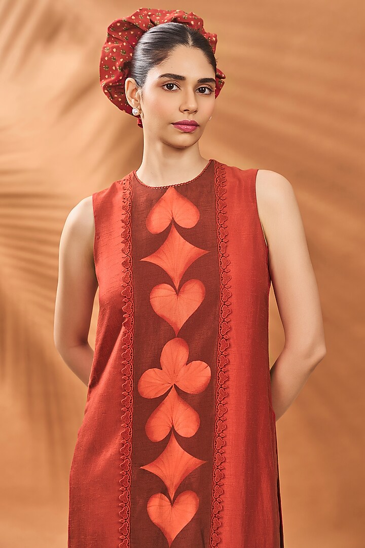 Red Raw Silk Printed & Hand Embroidered Straight Tunic Set by Masaba at Pernia's Pop Up Shop