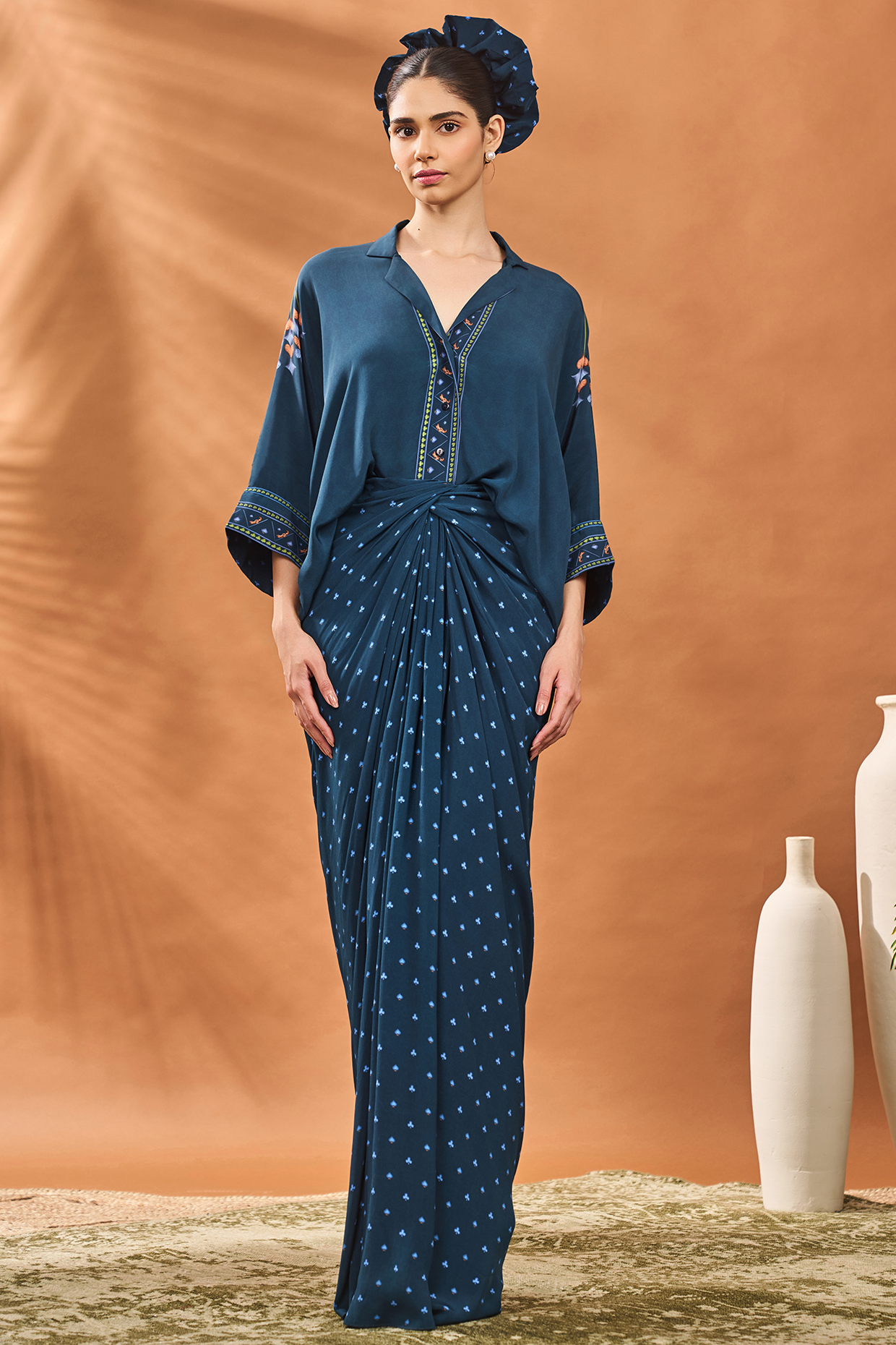Navy Blue Crepe Silk Printed Draped Skirt Set by Masaba at Pernia's Pop Up Shop
