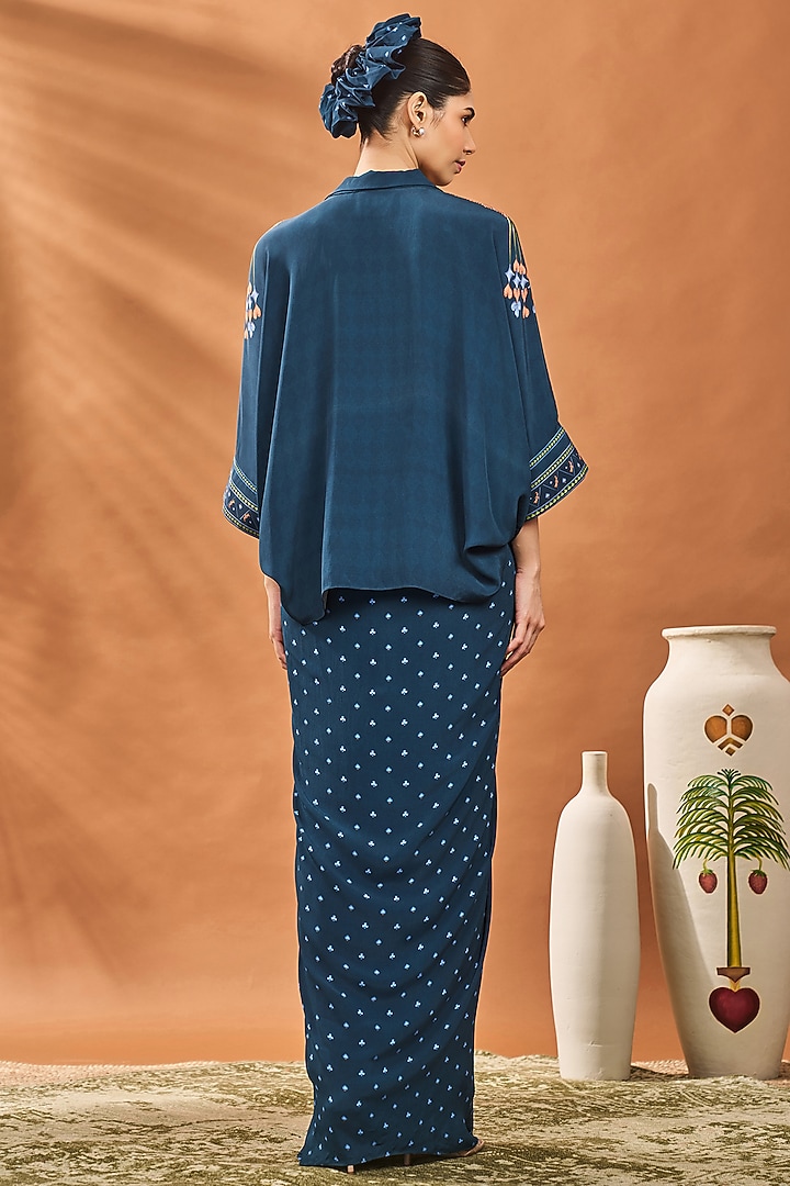 Navy Blue Crepe Silk Printed Draped Skirt Set by Masaba at Pernia's Pop Up Shop
