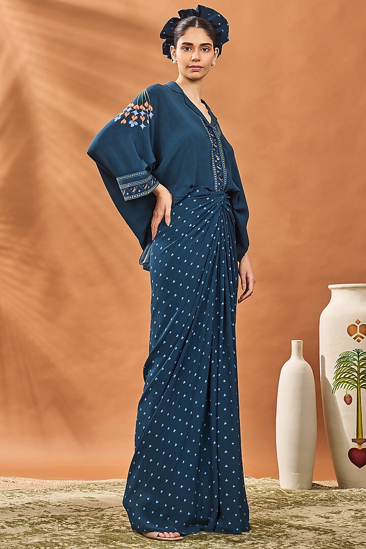 Navy Blue Crepe Silk Printed Draped Skirt Set by Masaba at Pernia's Pop Up Shop