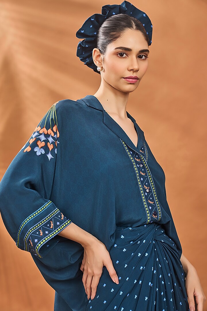 Navy Blue Crepe Silk Printed Draped Skirt Set by Masaba at Pernia's Pop Up Shop
