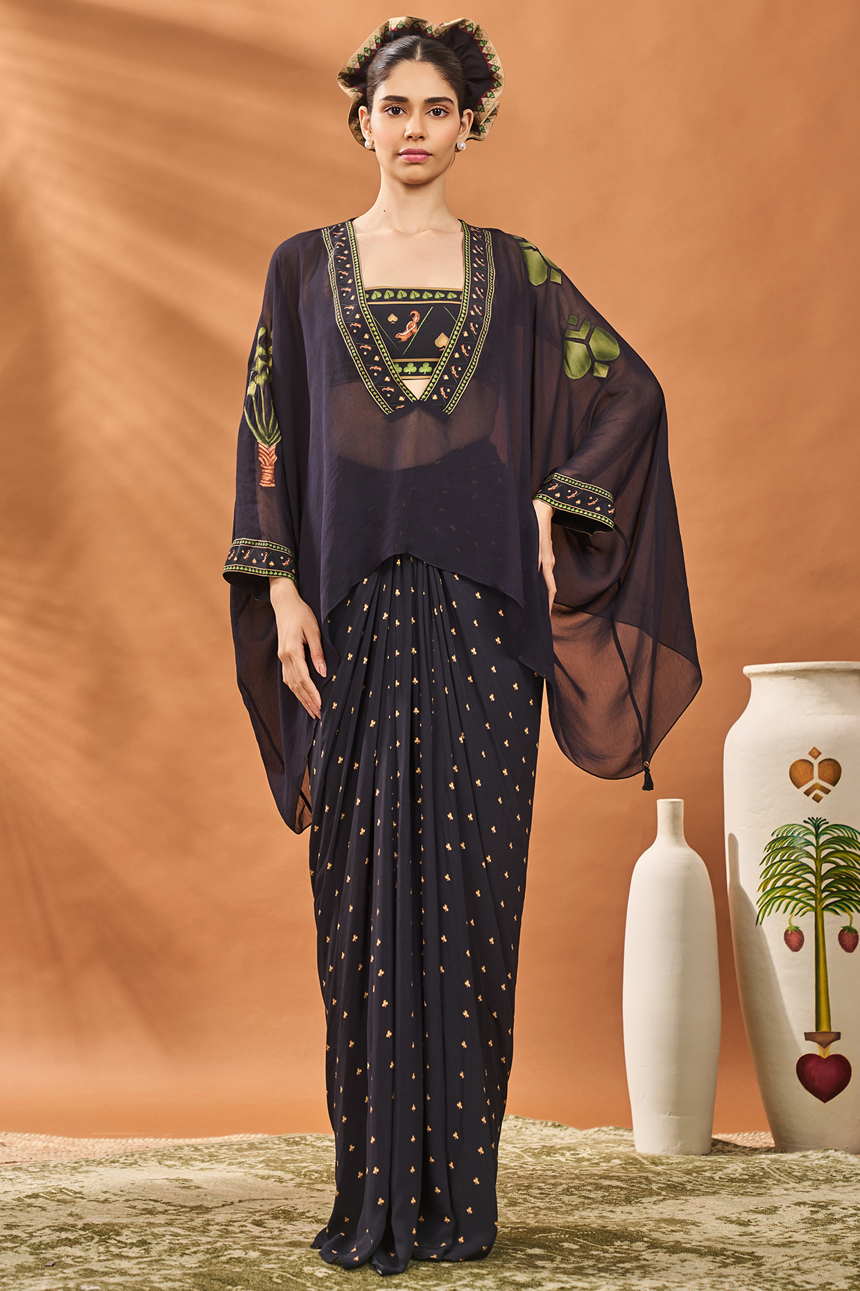Black Crepe Silk Printed Draped Skirt Set by Masaba at Pernia's Pop Up Shop