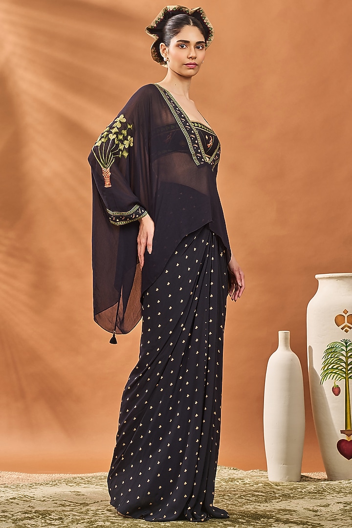Black Crepe Silk Printed Draped Skirt Set by Masaba at Pernia's Pop Up Shop