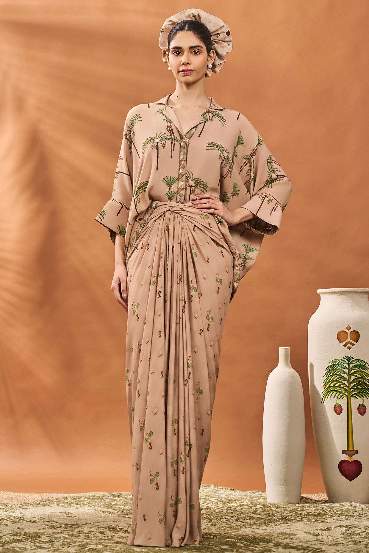 Beige Crepe Silk Printed Draped Skirt Set by Masaba at Pernia's Pop Up Shop