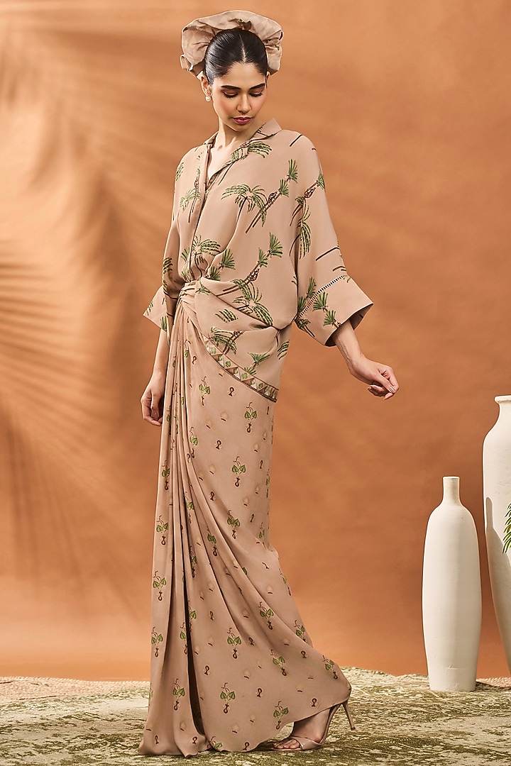 Beige Crepe Silk Printed Draped Skirt Set by Masaba at Pernia's Pop Up Shop