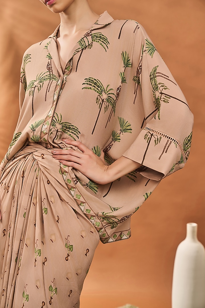 Beige Crepe Silk Printed Draped Skirt Set by Masaba at Pernia's Pop Up Shop