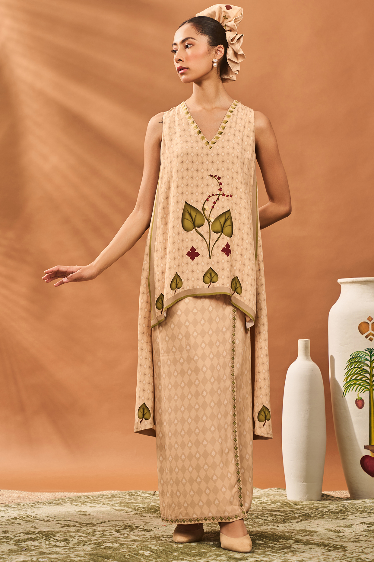 Beige Crepe Silk Digital Printed Veshti Set by Masaba at Pernia's Pop Up Shop
