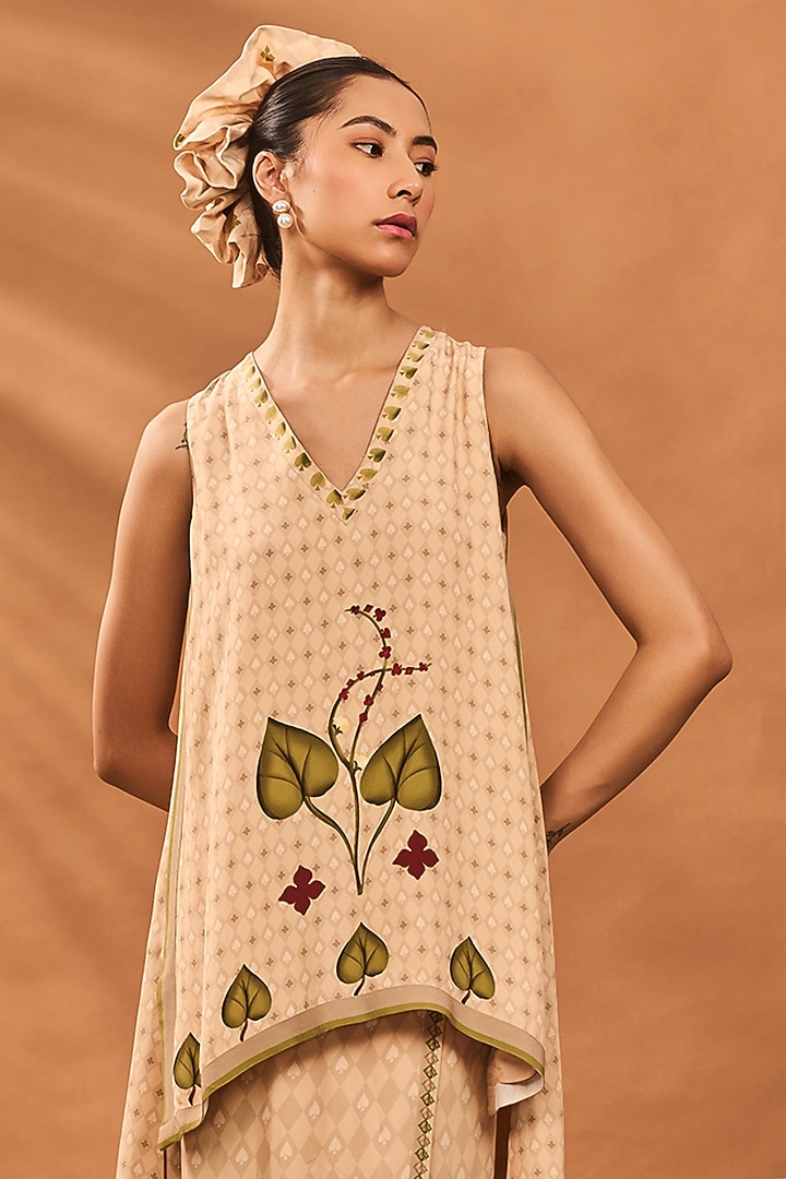 Beige Crepe Silk Digital Printed Veshti Set by Masaba at Pernia's Pop Up Shop