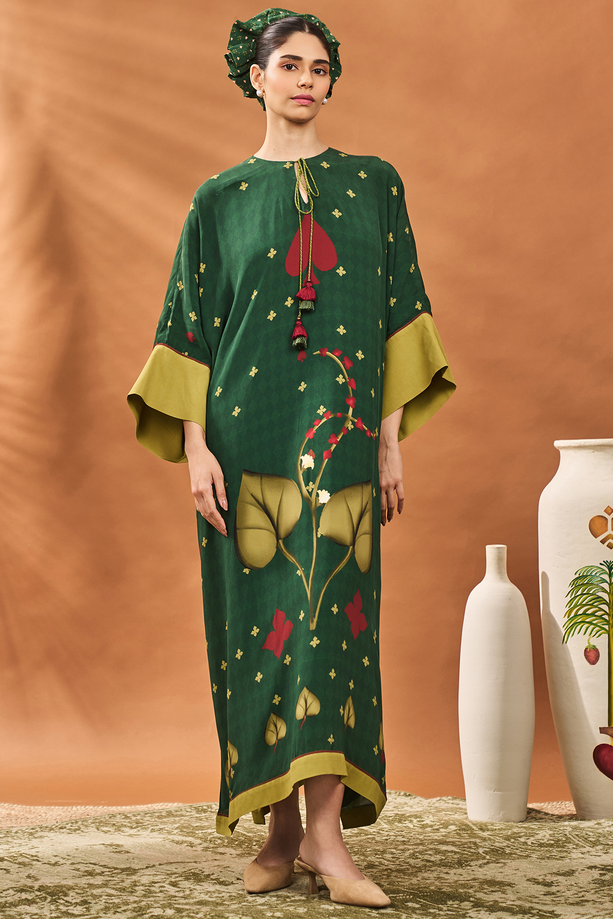 Green Crepe Silk Clover Checkered Kaftan by Masaba at Pernia's Pop Up Shop