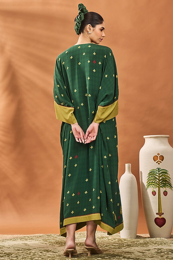 Green Crepe Silk Clover Checkered Kaftan by Masaba at Pernia's Pop Up Shop