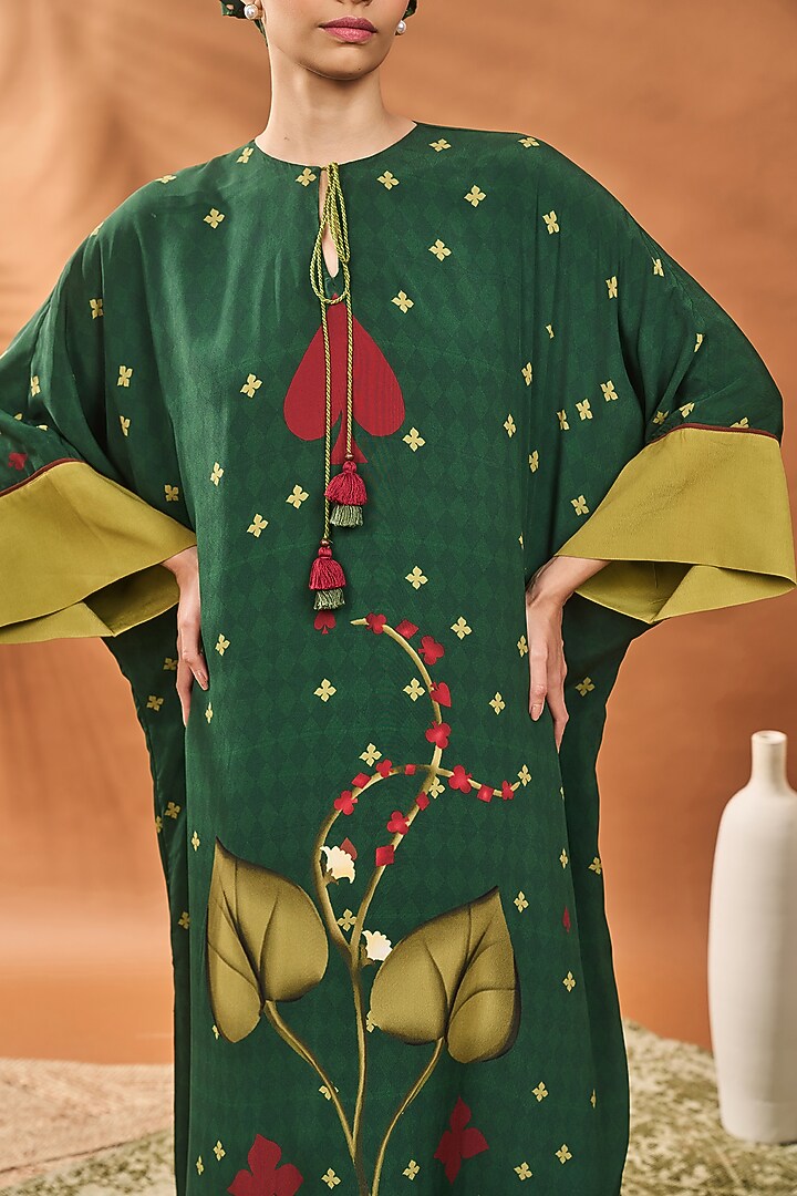 Green Crepe Silk Clover Checkered Kaftan by Masaba at Pernia's Pop Up Shop