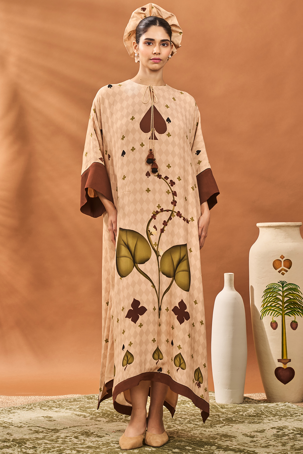 Beige Crepe Silk Clover Checkered Kaftan by Masaba at Pernia's Pop Up Shop