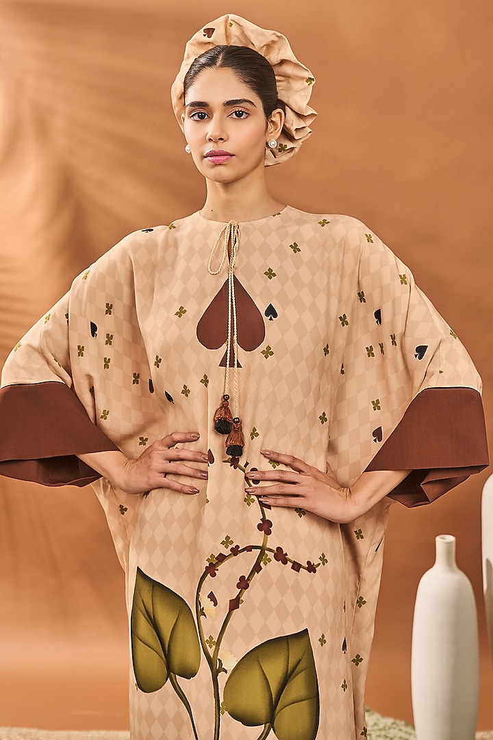 Beige Crepe Silk Clover Checkered Kaftan by Masaba at Pernia's Pop Up Shop
