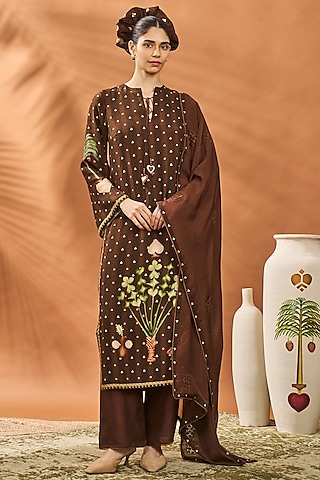 Brown Raw Silk Striped Crochet Kurta Set by Masaba
