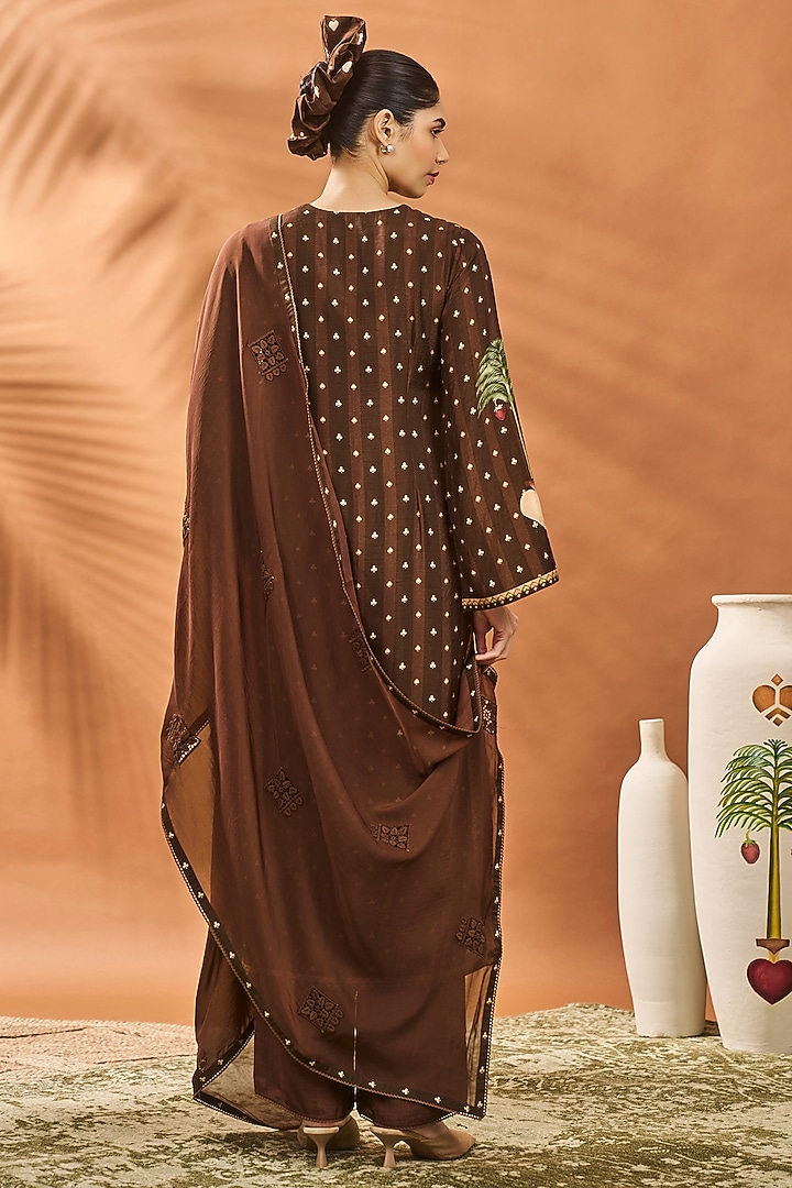 Brown Raw Silk Striped Crochet Kurta Set by Masaba at Pernia's Pop Up Shop