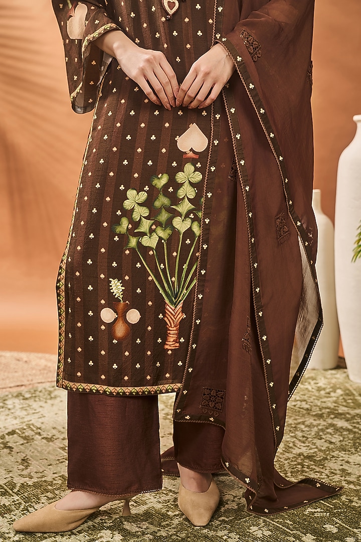 Brown Raw Silk Striped Crochet Kurta Set by Masaba at Pernia's Pop Up Shop