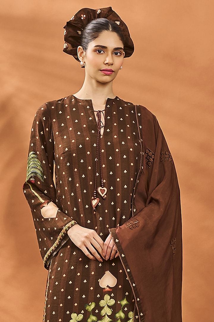 Brown Raw Silk Striped Crochet Kurta Set by Masaba at Pernia's Pop Up Shop