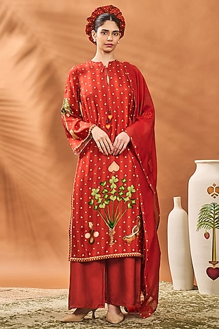Rust Raw Silk Striped Crochet Kurta Set by Masaba
