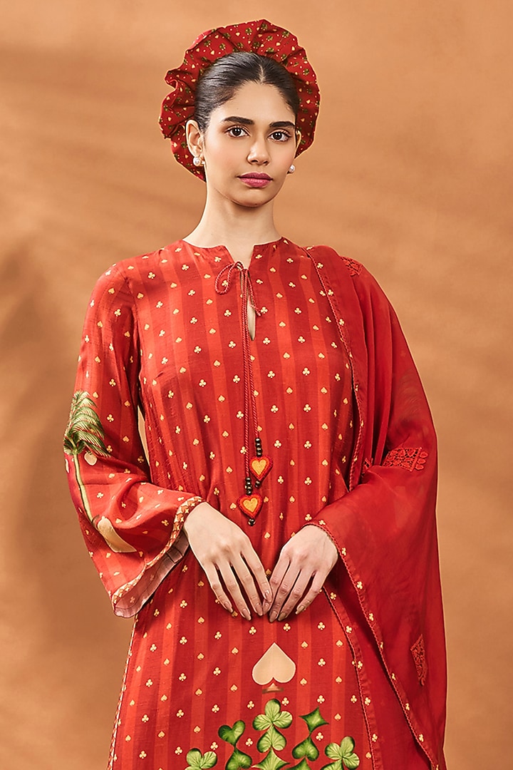 Rust Raw Silk Striped Crochet Kurta Set by Masaba at Pernia's Pop Up Shop