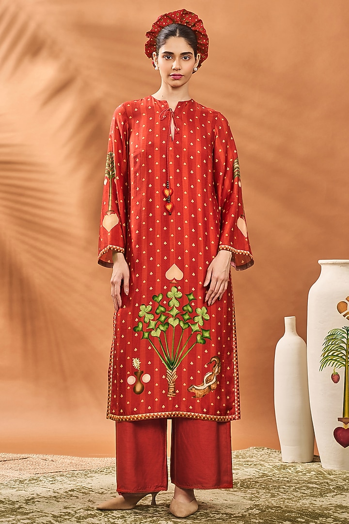 Rust Raw Silk Striped Crochet Kurta Set by Masaba at Pernia's Pop Up Shop