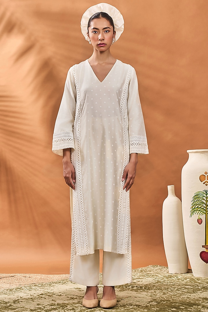 Ivory Chanderi Khadi Printed Straight Kurta Set by Masaba at Pernia's Pop Up Shop