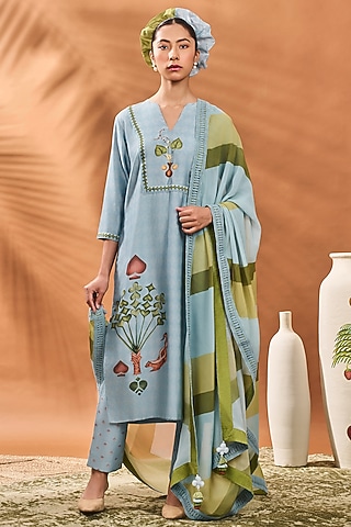 Powder Blue Chanderi Digital Printed Kurta Set by Masaba
