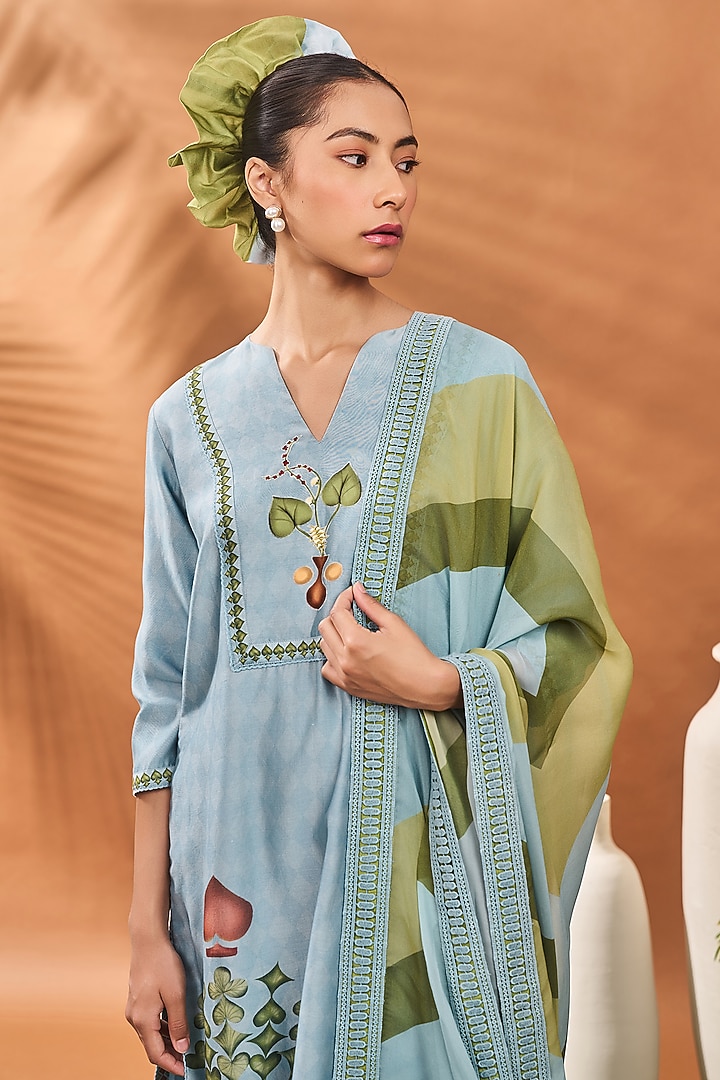 Powder Blue Chanderi Digital Printed Kurta Set by Masaba at Pernia's Pop Up Shop