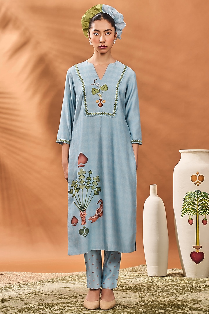 Powder Blue Chanderi Digital Printed Kurta Set by Masaba at Pernia's Pop Up Shop