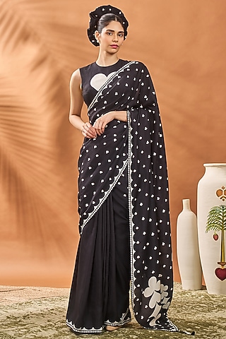 Black Raw Silk Printed Saree Set by Masaba