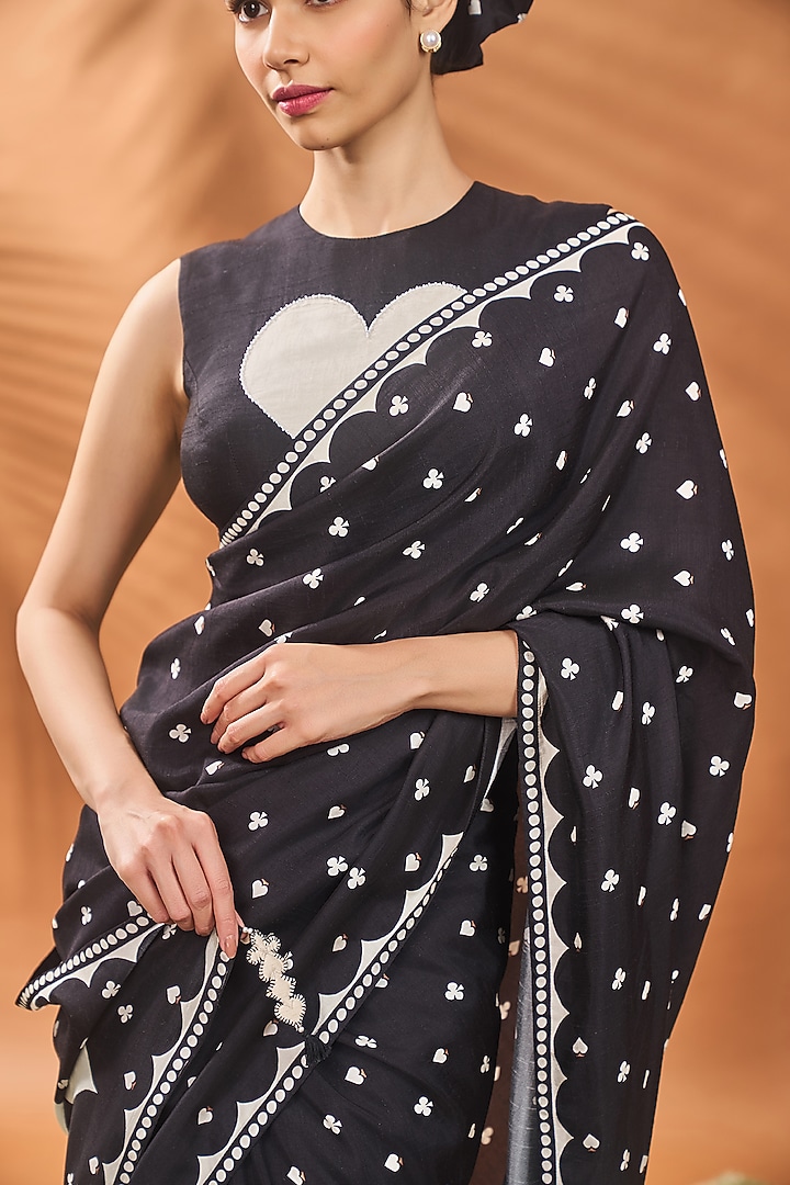 Black Raw Silk Printed Party Wear Saree Set by Masaba at Pernia's Pop Up Shop