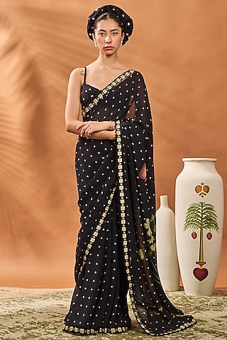 Black Georgette Striped Saree Set by Masaba