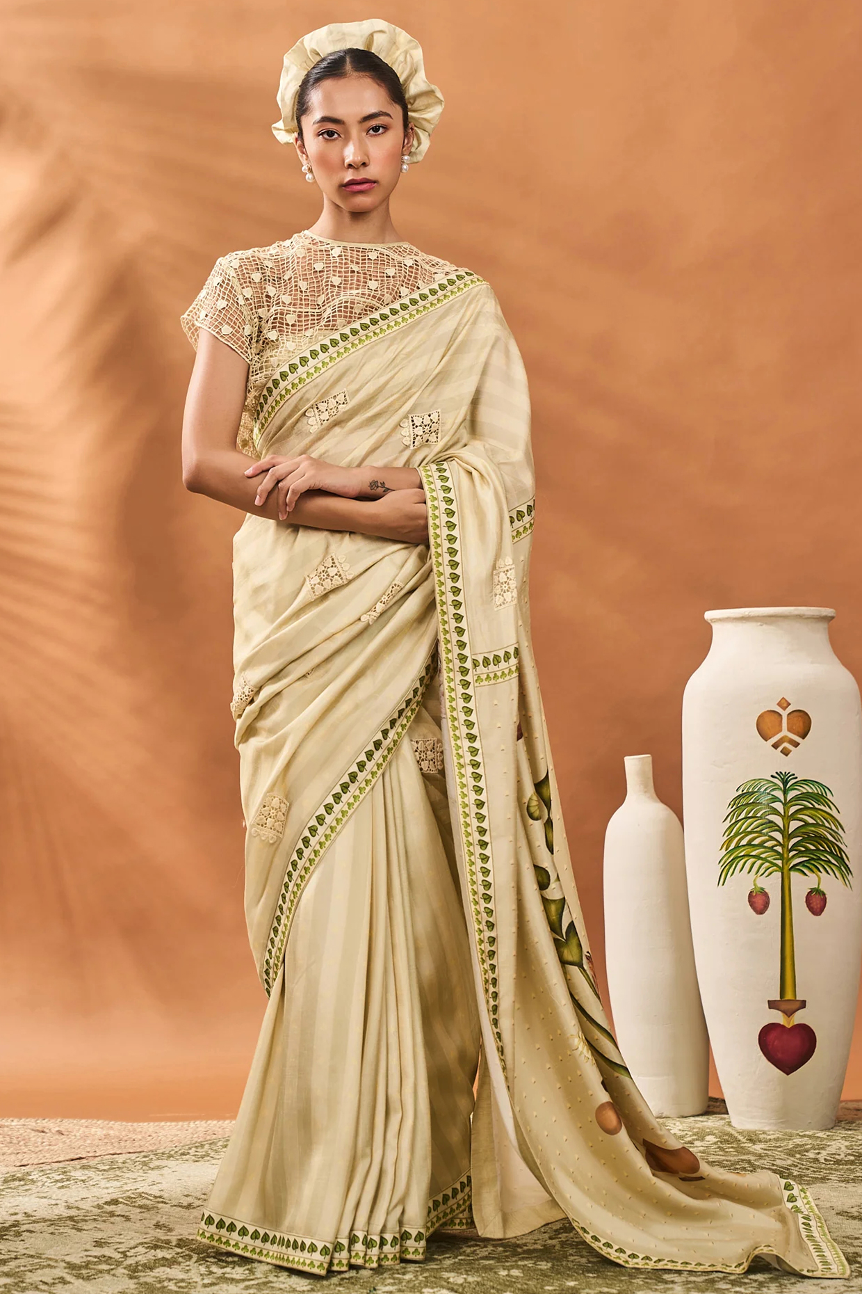 Sage Green Raw Silk Striped Printed Party Wear Saree Set by Masaba at Pernia's Pop Up Shop
