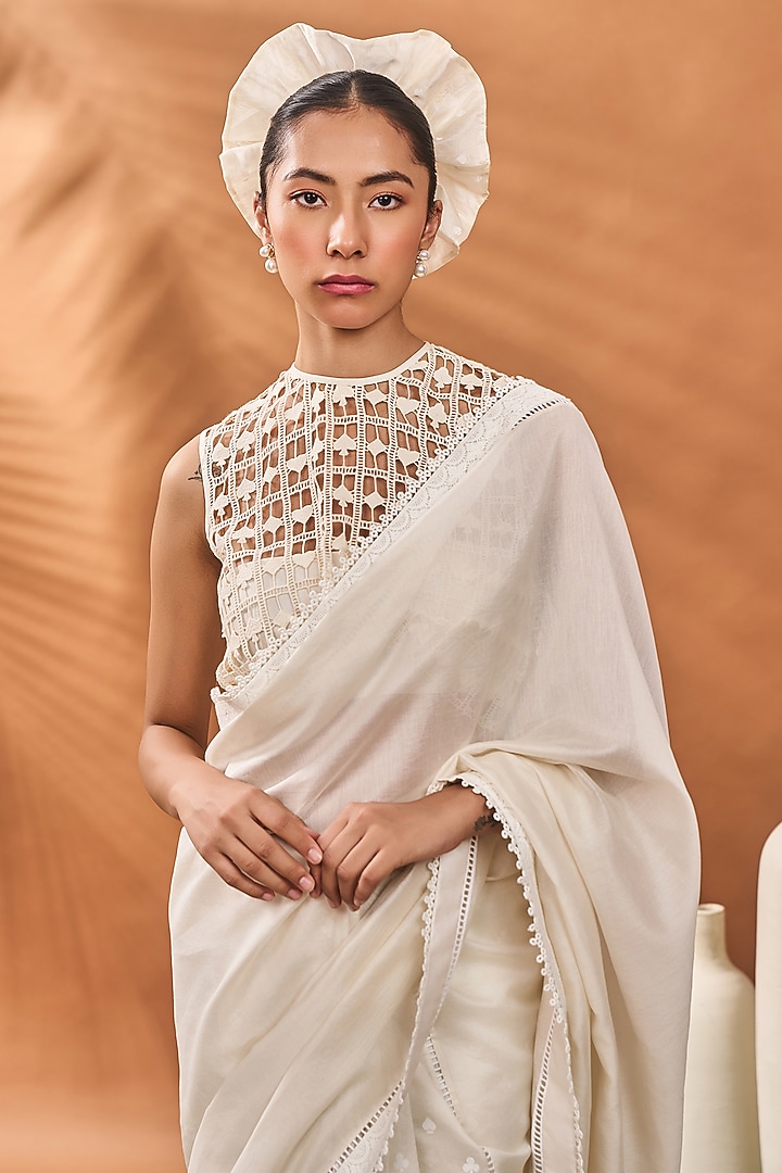Ivory Chanderi Khadi Printed Wedding Saree Set by Masaba at Pernia's Pop Up Shop