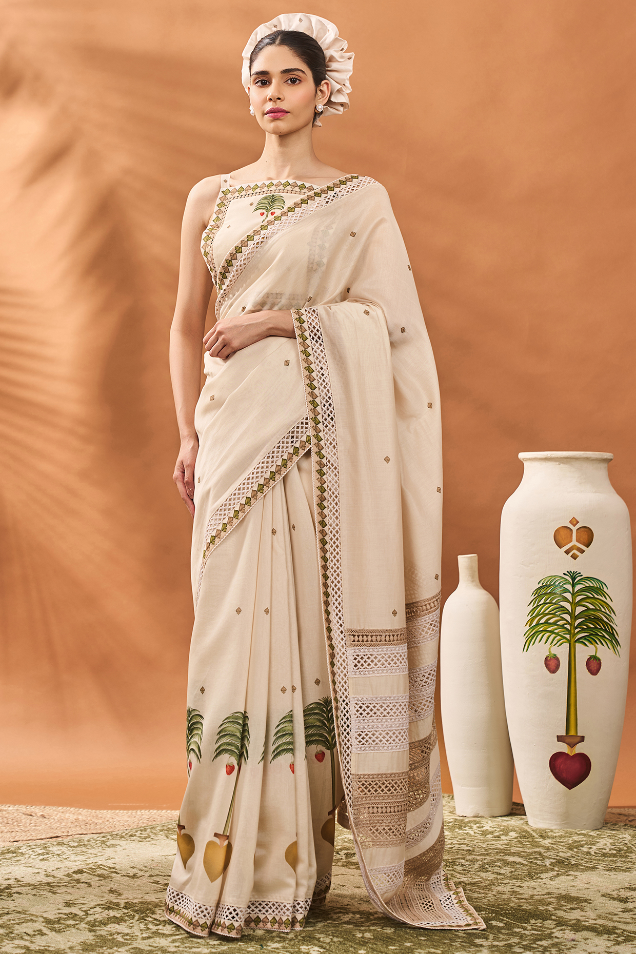 Ivory Chanderi Heart Printed Saree Set by Masaba at Pernia's Pop Up Shop