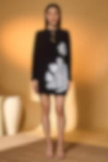 Black Crepe Silk Placement Printed Mini Summer Dress by Masaba at Pernia's Pop Up Shop