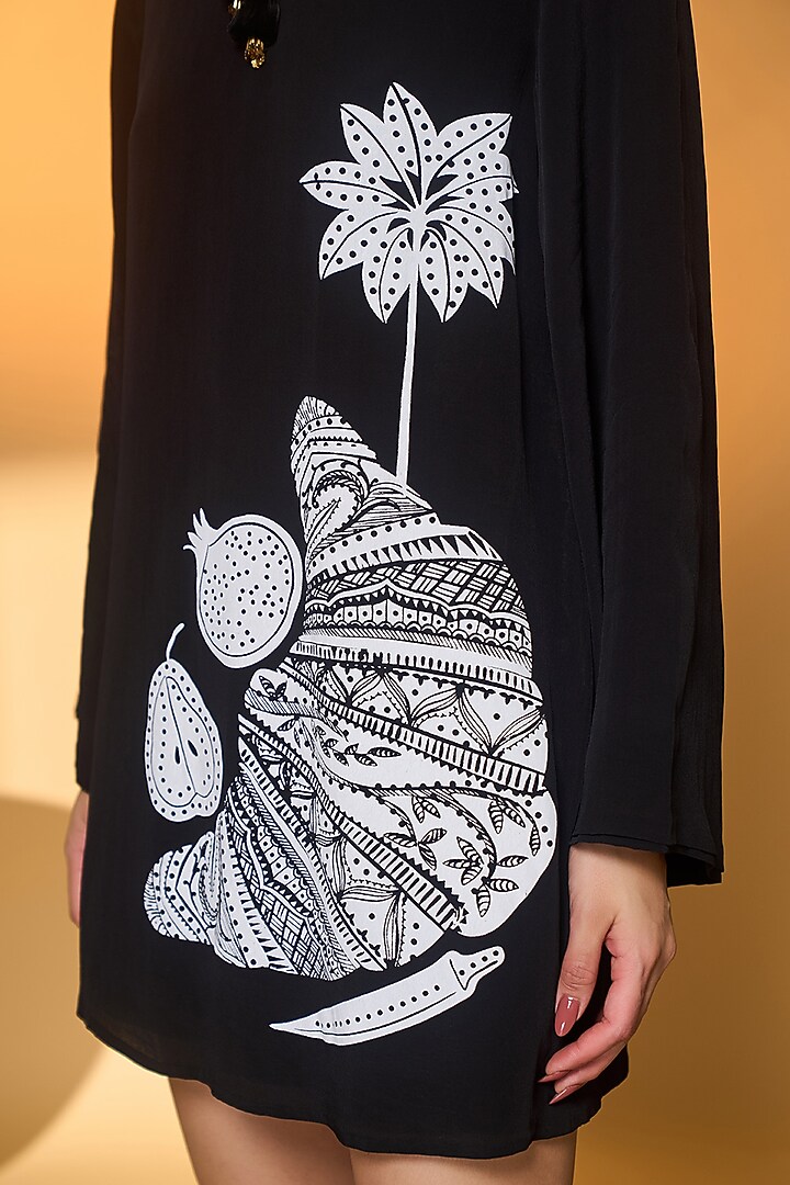 Black Crepe Silk Placement Printed Mini Vacation Dress by Masaba at Pernia's Pop Up Shop