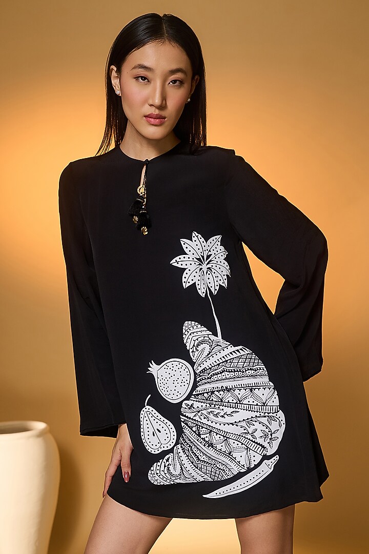 Black Crepe Silk Placement Printed Mini Vacation Dress by Masaba at Pernia's Pop Up Shop