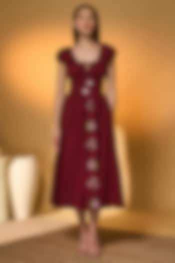 Maroon Poplin Tropical Embroidered Smocked Midi Vacation Dress by Masaba at Pernia's Pop Up Shop