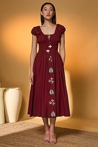 Maroon Poplin Tropical Embroidered Smocked Midi Dress by Masaba