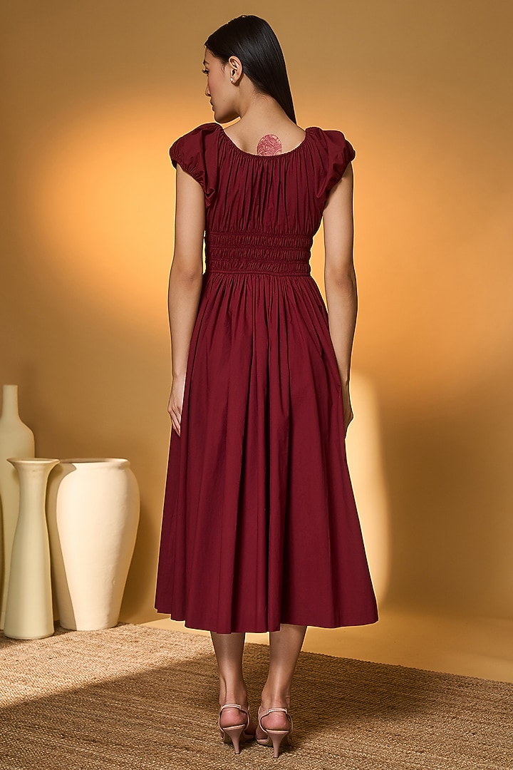Maroon Poplin Tropical Embroidered Smocked Midi Vacation Dress by Masaba at Pernia's Pop Up Shop
