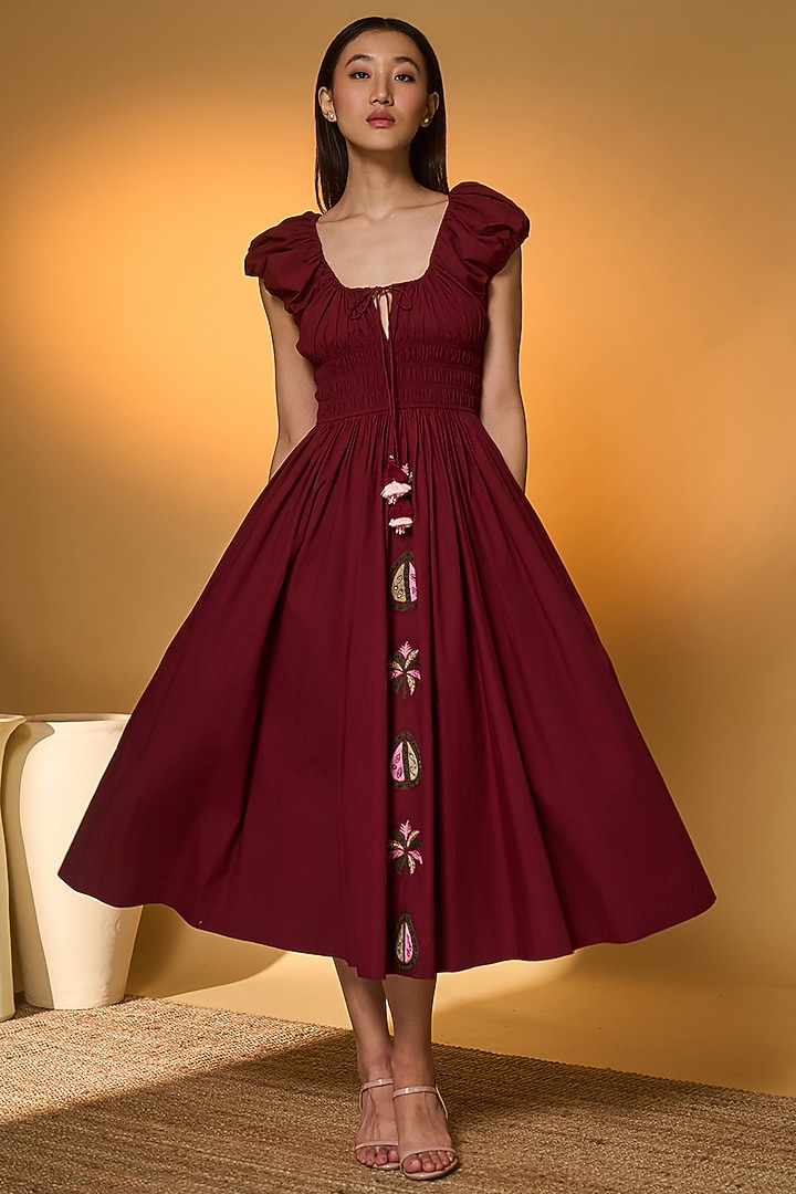 Maroon Poplin Tropical Embroidered Smocked Midi Vacation Dress by Masaba at Pernia's Pop Up Shop