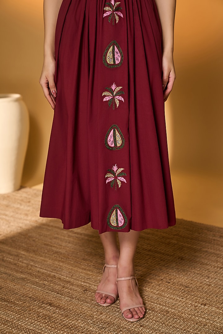 Maroon Poplin Tropical Embroidered Smocked Midi Vacation Dress by Masaba at Pernia's Pop Up Shop